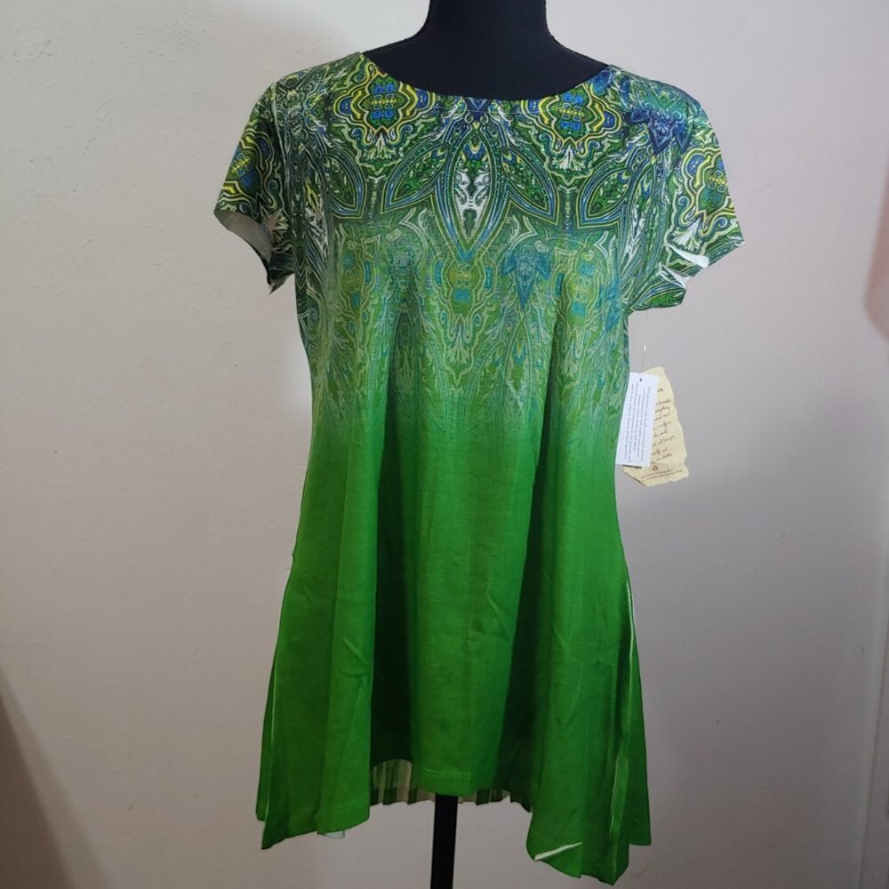 One World Green Printed Embellished Waterfall Top Women Size Small